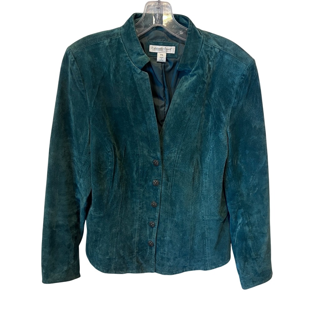 Coldwater Creek Teal Green Suede Leather Jacket Petite Medium PM Floral Buttons